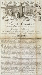 Foglio commerciale di Joseph Emerton, Colour Man. che pubblicizza forniture di materiali per pittori e artisti, c.1744 da Unbekannt Unbekannt